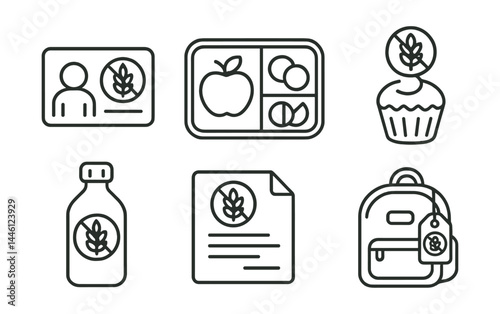 Line style icons of gluten-free for kids: allergy card, school lunch icon, sticker badge, gluten-free cupcake, labeled bottle, lunch divider, teacher note, backpack tag.