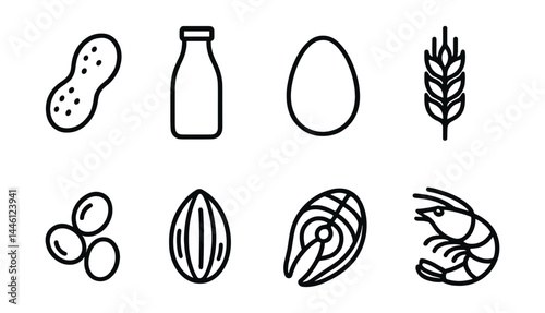 Line style icons of common allergens: peanut icon, milk bottle, egg symbol, wheat stalk, soybeans, tree nuts, fish fillet, shellfish icon.