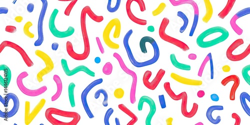 Artistic Seamless Pattern with Colorful Shapes on White Backdrop, Brushstroke Style