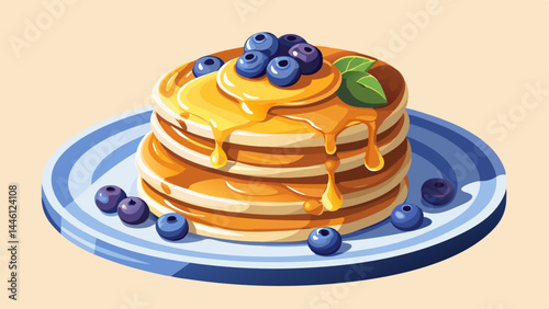 Soft pancakes tower high with a glossy honey drizzle.
Blueberries scattered like edible gems of color.
The simple white plate creates contrast and elegance.
Ideal for vector menus, recipe cards, or br