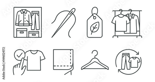 Line style icons of slow fashion: capsule wardrobe, clothing repair needle, natural fiber tag, secondhand rack, size check icon, quality seam icon, slow fashion hanger, outfit repeat.