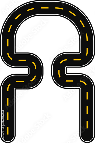 Curved graphic line, in the shape of a paved street with dashed line as surface marking for traffic signage on the road, forming the letter A of the alphabet