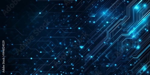 A blue background banner with a futuristic design features a circuit board shape. Lines connect to form a network structure. The dark blue color provides a strong contrast.