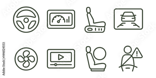Line style icons of vehicle interiors: steering wheel, dashboard UI, seat controls, rear cam screen, climate icon, media player, airbag icon, seatbelt alert.