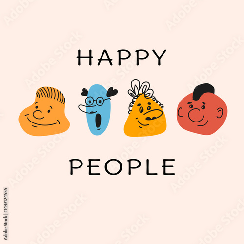 Cute and quirky illustration of four happy cartoon faces with playful expressions and bold colors. Text reads HAPPY PEOPLE. Ideal for posters, stickers, kids content, and branding.
