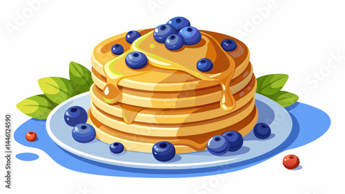 Soft pancakes tower high with a glossy honey drizzle.
Blueberries scattered like edible gems of color.
The simple white plate creates contrast and elegance.
Ideal for vector menus, recipe cards, or br