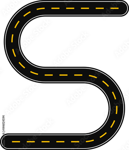 Curved graphic line, in the shape of a paved street with dashed line as surface marking for traffic signage on the road, forming the letter S of the alphabet