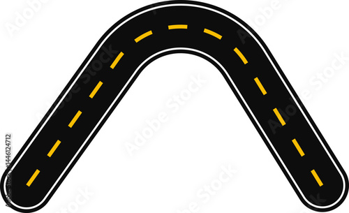 Curved graphic line, in the shape of a paved street with dashed line as surface marking for traffic signage on the road, changing direction.