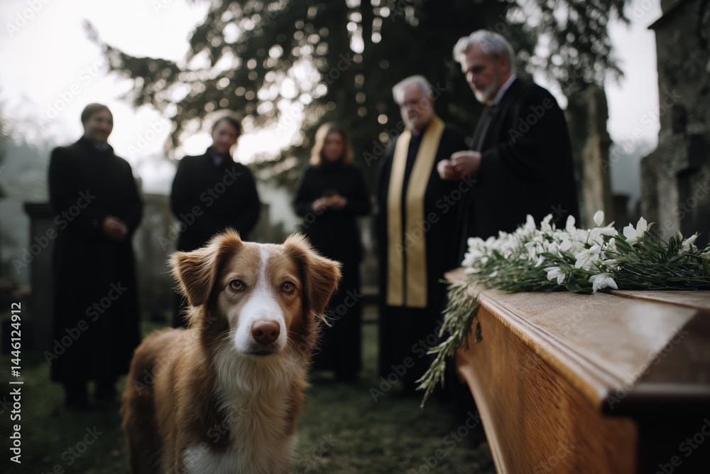 Solemn funeral, dog by coffin
