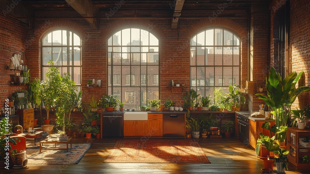 Obraz premium Cozy urban kitchen filled with plants and natural light