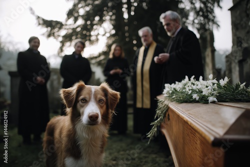 Obraz na płótnie Solemn funeral, dog by coffin w salonie