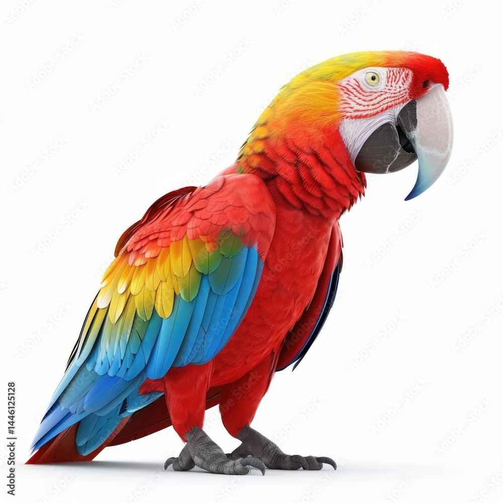 Obraz premium Vivid scarlet macaw against a pristine white backdrop.