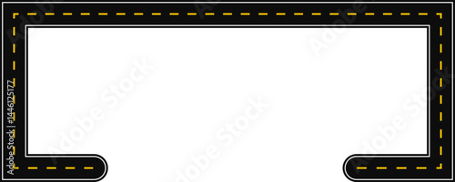Rectangular geometric shape with an open side, in the shape of a paved street with dashed line as surface marking for traffic signage on the road.