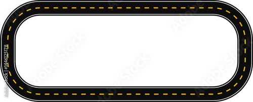 Rectangular geometric shape with rounded corner, in the shape of a paved street with dashed line as surface marking for traffic signage on the road.