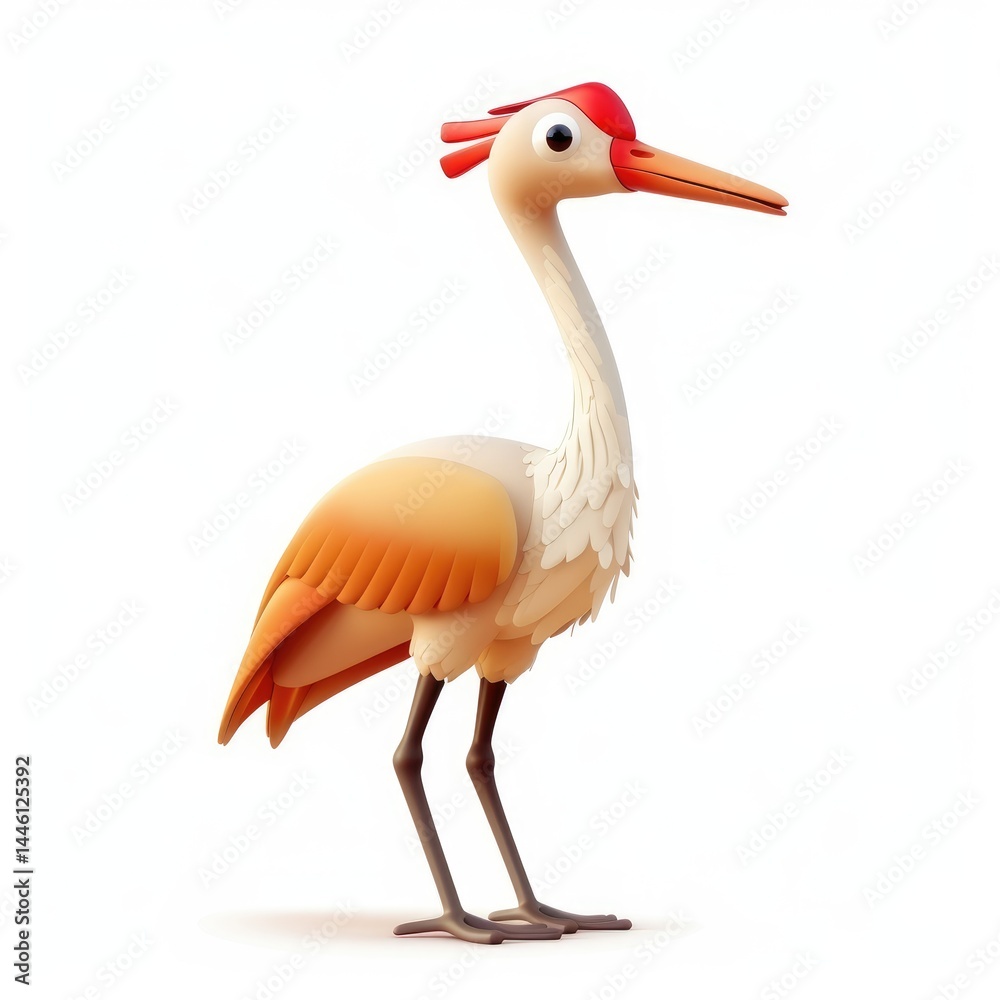 Obraz premium Cute cartoon crane stands proudly against white.