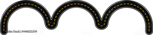 Curved graphic path, shaped like a paved street with dashed line as surface marking for traffic signage on the road, with a bouncing path