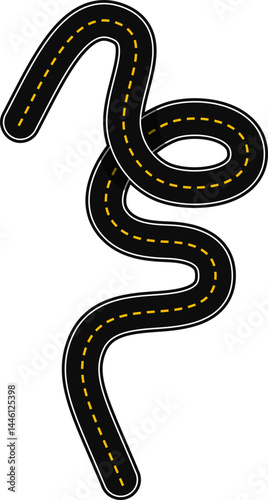 Curved graphic path, shaped like a paved street with dashed line as surface marking for traffic signage on the road, with a loop and sinuous curves