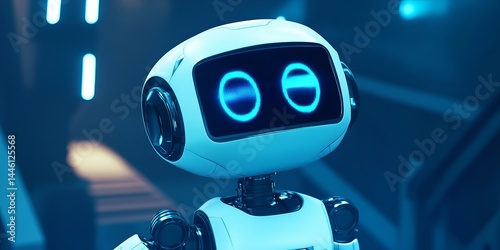 A friendly robot uses a digital screen. The blue background makes it perfect for tech and AI projects.