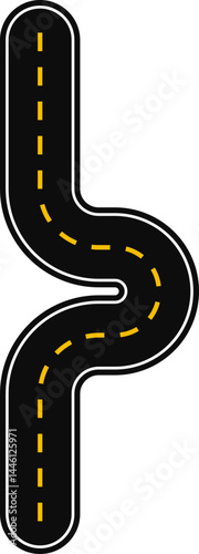 Straight graphic line with a well-defined curve, in the shape of a paved street with dashed line as surface marking for traffic signage on the road, to point and indicate information
