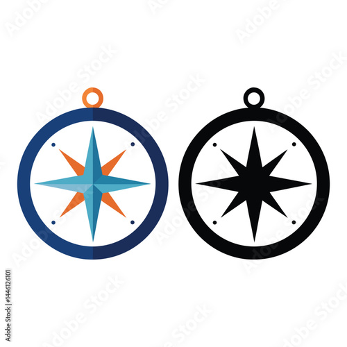 Flat design compass icon vector illustration with black outline isolated on white