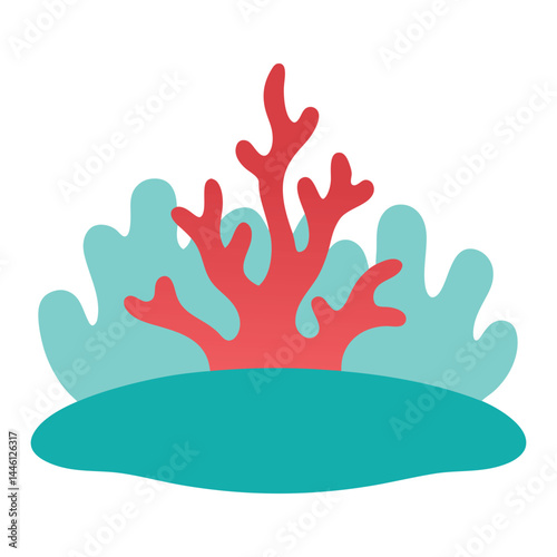 Cute stylized red coral and blue seaweed isolated on white background