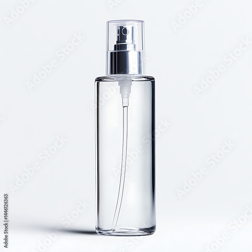 Sleek spray bottle against a pristine white backdrop, showcasing a minimalist design and elegance.
