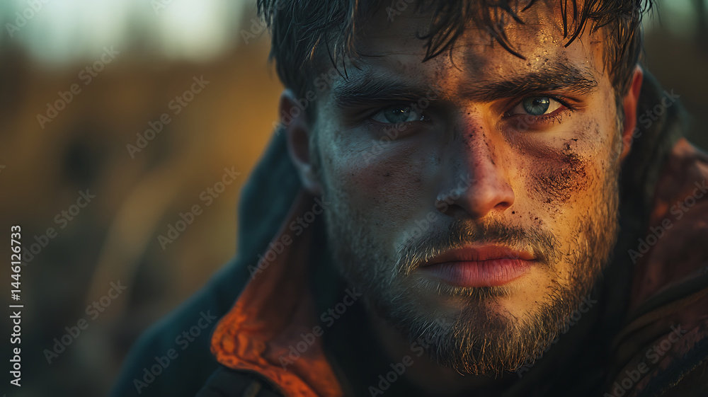 Rugged male with striking blue eyes and serious expression, showcasing dirt and grime on his face, reflecting challenging environment. warm evening light enhances dramatic mood Rugged male with striking blue eyes and serious expression, showcasing dirt and grime on his face, reflecting challenging environment. warm evening light enhances dramatic mood
