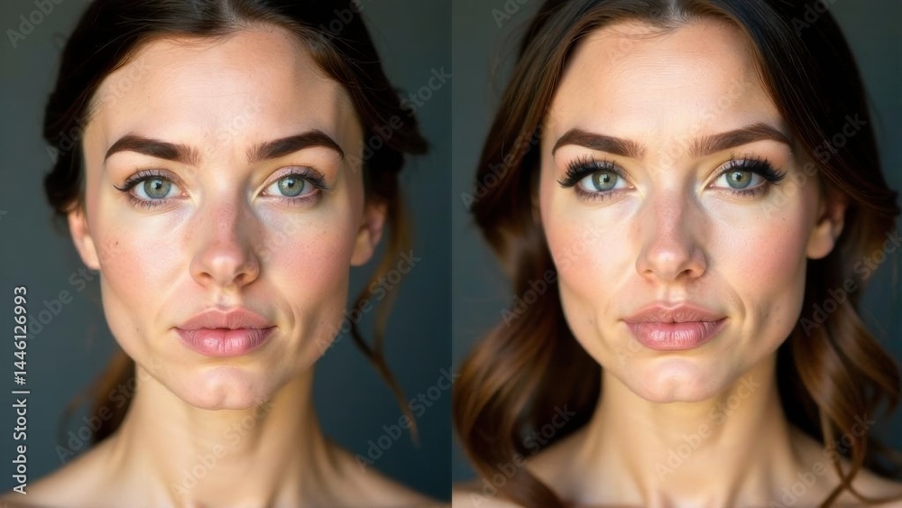 Comparison of natural and enhanced beauty in a portrait featuring a young woman with expressive eyes and smooth skin in a studio setting Comparison of natural and enhanced beauty in a portrait featuring a young woman with expressive eyes and smooth skin in a studio setting