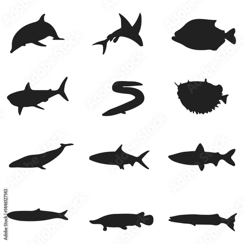 set of fish silhouettes Black and white fish vector on white background.