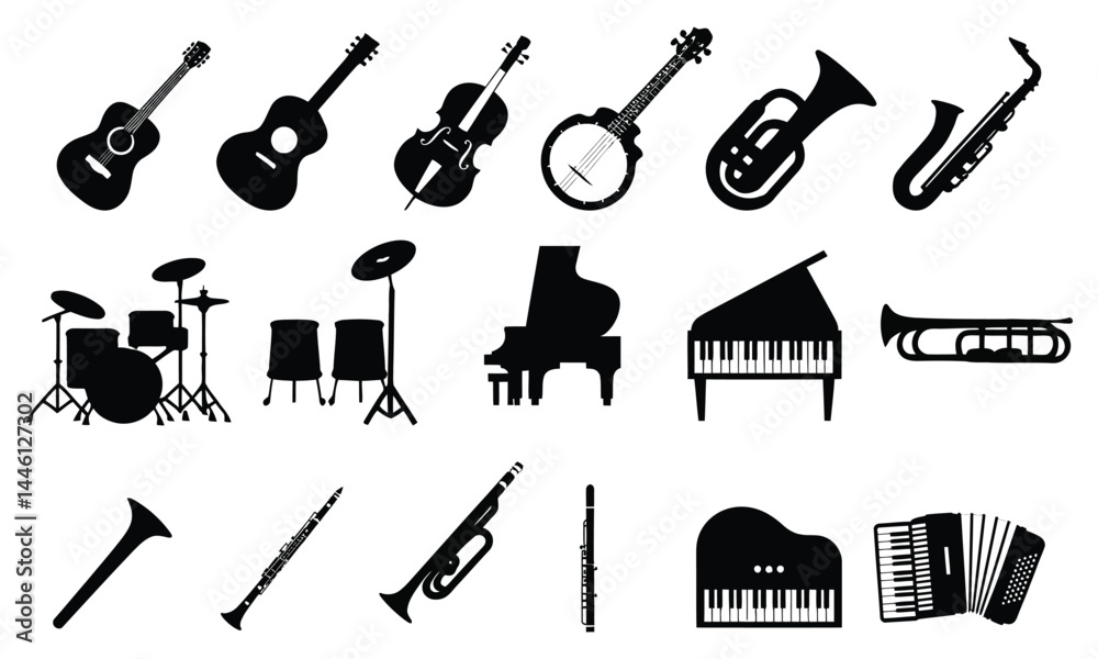 Obraz premium Silhouette Collection of Musical Instruments Vector Icons Set