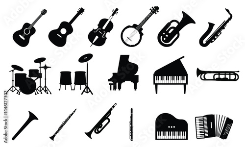 Silhouette Collection of Musical Instruments Vector Icons Set