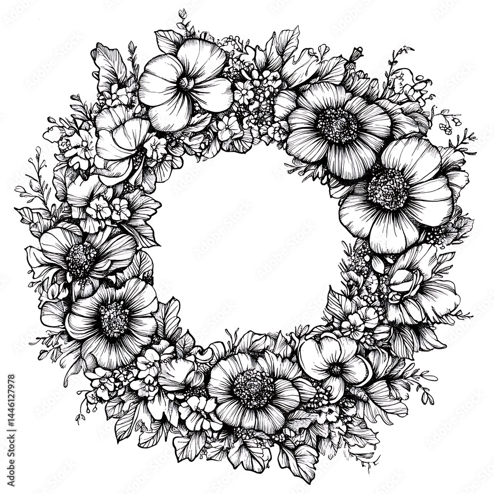 Fototapeta premium Exquisite black white flower wreath line drawing perfect for relaxation coloring sessions and artistic inspiration
