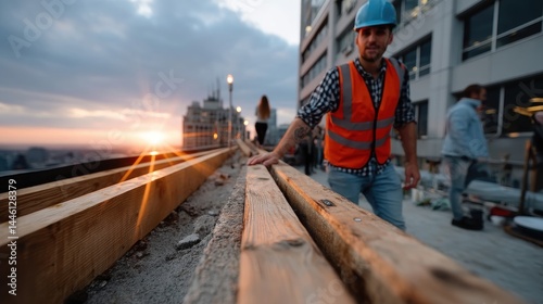 Construction Worker Measuring Wooden Planks on Rooftop at Sunset During Building Project photo