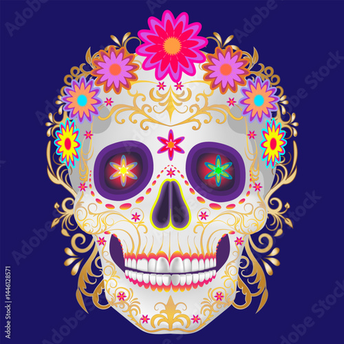 Bright and ornate sugar skull decorated with colorful flowers and golden patterns, perfect for Día de los Muertos, Mexican culture, and festive designs.