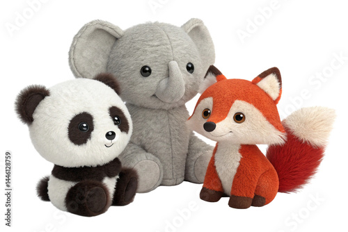set of panda, elephant and red fox stuffed fluffy plushie animal toys, isolated on transparent background - generated by ai