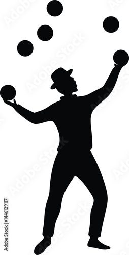 silhouette of a juggler tossing balls on white 