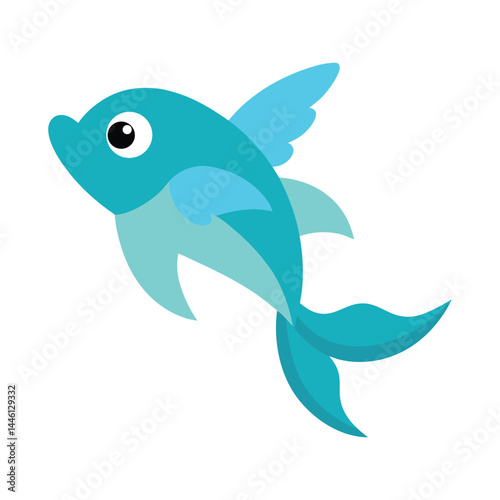 Cute light blue cartoon flying fish vector illustration isolated on white background