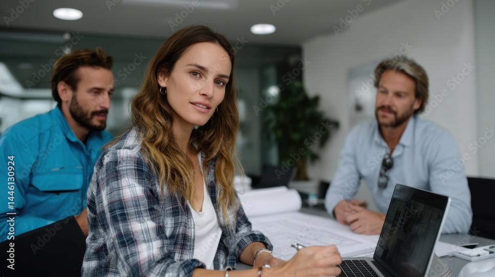 Obraz premium Business Meeting with Three Colleagues in a Modern Office Conference Room