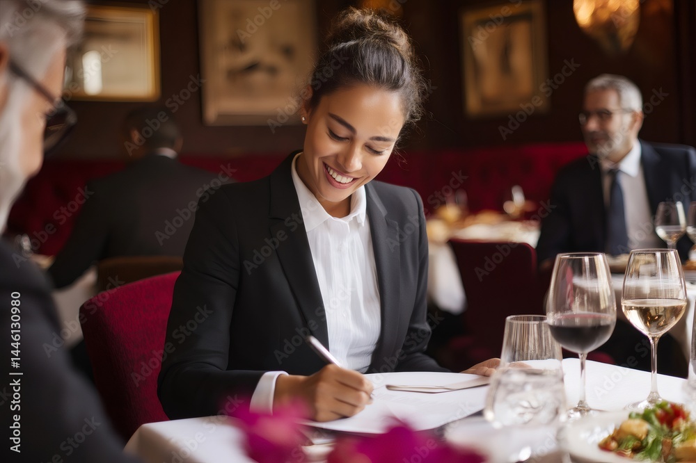 Smiling businesswoman signing contract during a business lunch with colleagues in a luxury restaurant Smiling businesswoman signing contract during a business lunch with colleagues in a luxury restaurant