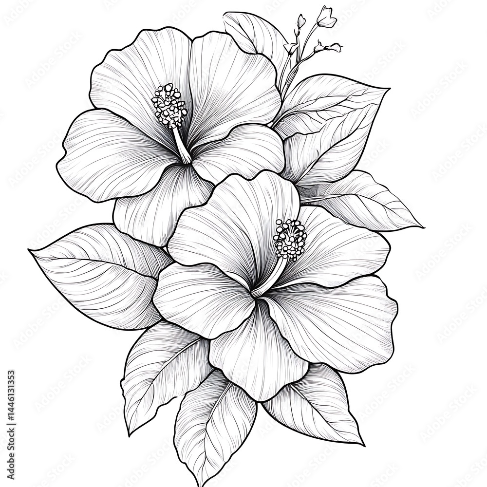 Fototapeta premium Printable flower bunch line art featuring realistic blooms ideal for relaxing activities, journals, and wall prints