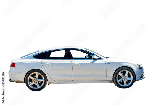 Modern white sedan car isolated on white background. Side view of luxury sedan car. mud splatters near the tires