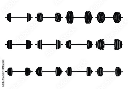 Gym equipment silhouette exercise workout accessories isolated set. Vector flat illustration good health.