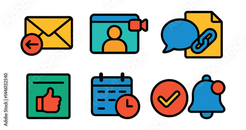 Flat vector icons of freelance client communication: email thread icon, video call window, direct message bubble, shared document link, feedback note, meeting request icon, task update ping, deadline