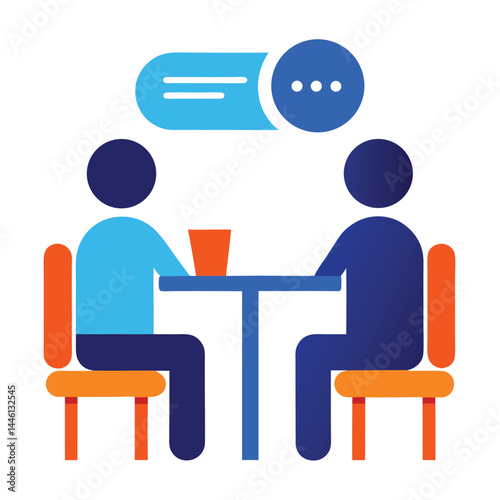 Modern Flat Design Two Figures Talking Over a Table with Speech Bubble Icon