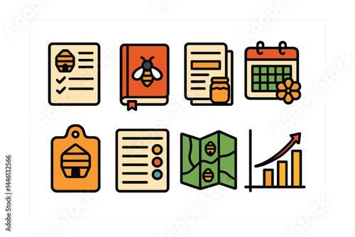 Flat vector icons of beekeeping documentation: hive inspection log, bee journal notebook, harvest record sheet, seasonal planning calendar, hive ID label, treatment tracking card, apiary map, colony
