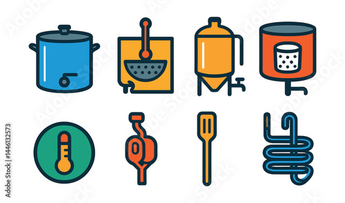 Flat vector icons of brewing equipment: stainless steel brew kettle, mash tun symbol, fermenter tank icon, lautering vessel, hydrometer badge, airlock bubble tube, stirring paddle, wort chiller coil.