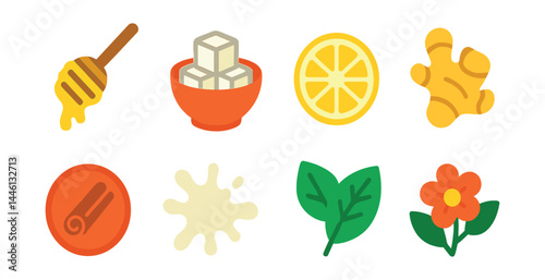 Flat vector icons of tea ingredients and add-ins: honey dipper icon, sugar cubes in bowl, lemon slice, fresh ginger root, cinnamon stick badge, milk splash, fresh mint leaves, floral garnish for tea.