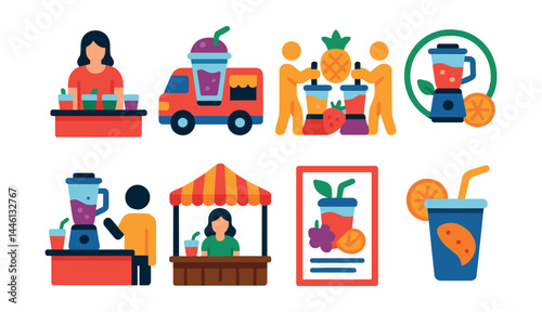 Flat vector icons of smoothie festivals and events: smoothie tasting station, smoothie truck icon, fruit blending competition, smoothie workshop badge, live demo with blender, smoothie stand tent,