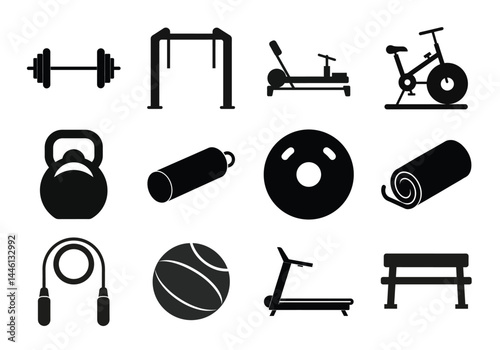 Gym equipment silhouette exercise workout accessories isolated set. Vector flat illustration good health.