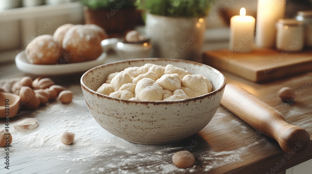 Fototapeta premium Freshly Rolled Dough Balls in a Ceramic Bowl with Baking Ingredients and Cozy Kitchen Setting